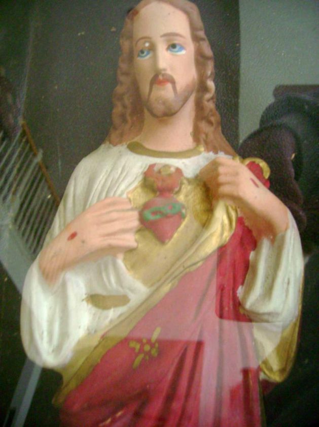 antique JESUS STATUE chalkware WALL SHADOWBOX  