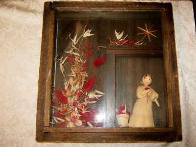 VTG PRIMITIVE BARNBOARD SHADOWBOX WALL SHELF W CONTENTS  