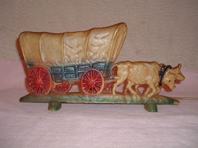 Antique Covered Conestoga Wagon w Oxen Lamp Doorstop Western Decor 