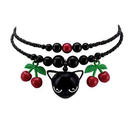 Lucky Kat Choker   cherry goth emo rockabilly cat kitty  