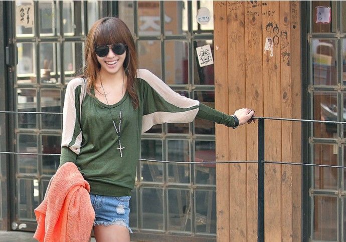 Preppy Look Patchwork Fashionable Batwing Sleeve Loose Cotton Tees T 