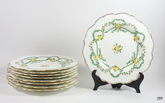 MINTONS PORCELAIN GREEN & YELLOW ROSE LUNCHEON PLATES  