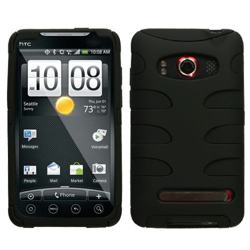 HTC EVO 4G DUAL LAYER HARD RUBBER+SILICONE FISHBONE HYBRID CASE BLACK 