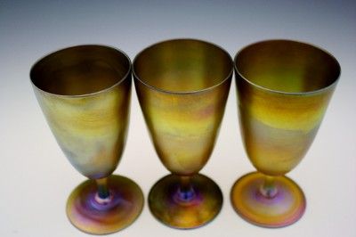   OF 3 STEUBEN GOLD IRIDESCENT ART GLASS WINE STEMS   