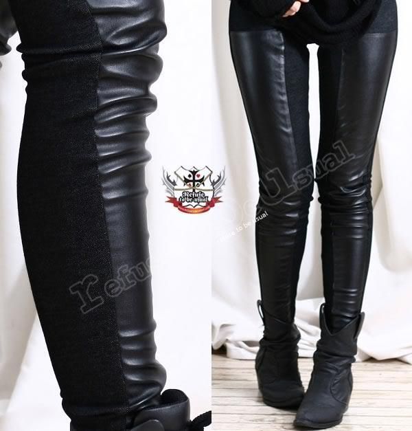 Punk LEATHER FRONT INSERT Stretch HALF Legging Pants  