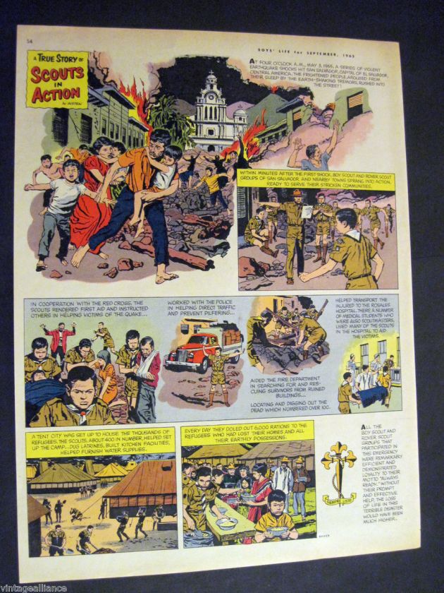 Vintage comic strip of Boy Scout Rescue Earthquake in San Salvador 