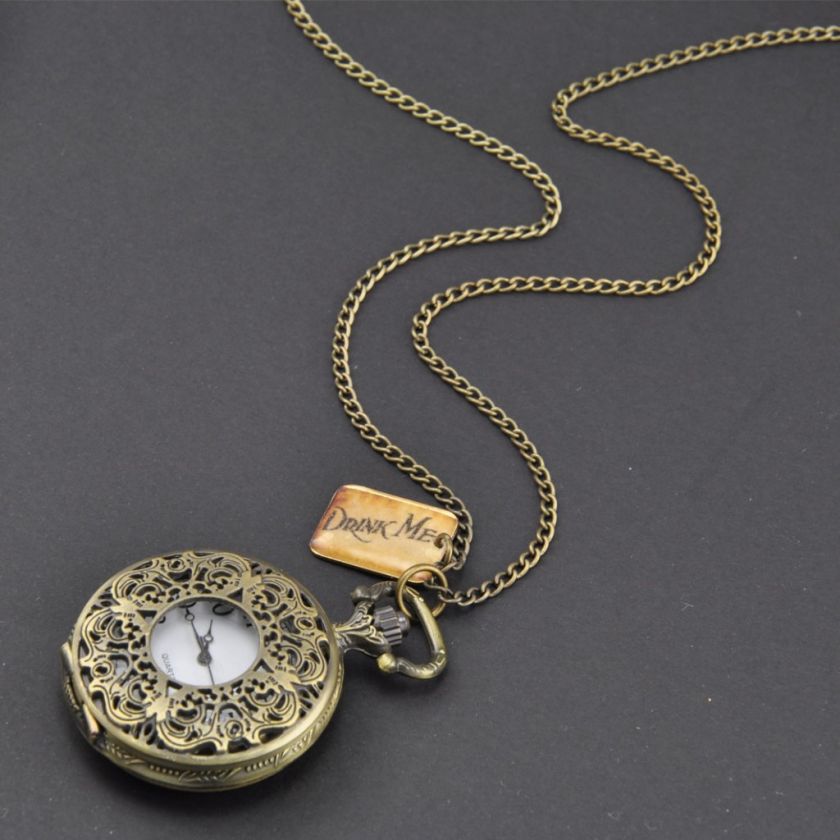 Big DRINK ME Alice In Wonderland Pocket Watch Necklace  