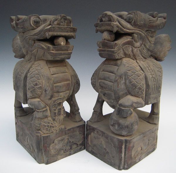 Pair Old Chinese Wood Fu Foo Dog Guardian Lions Statue  