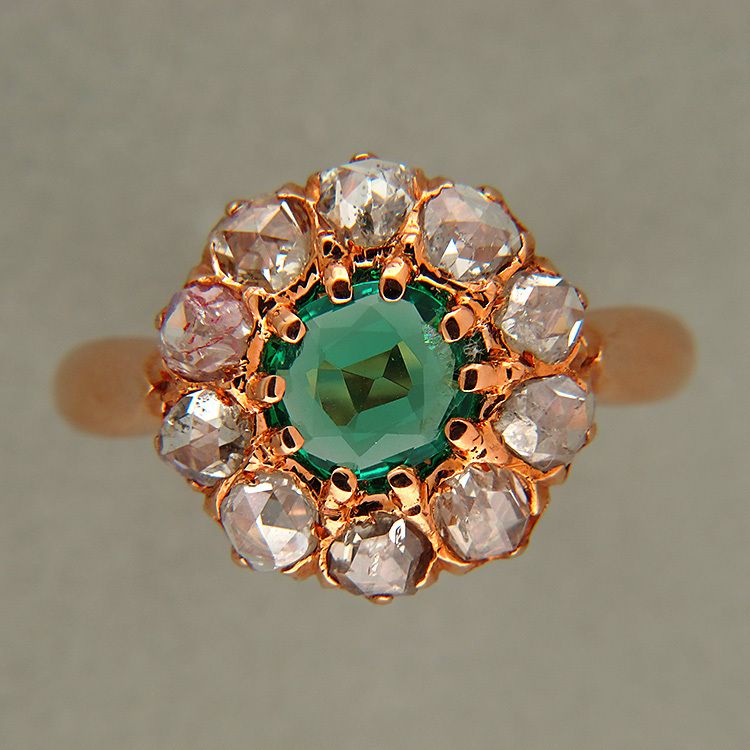   VICTORIAN 14K PINK GOLD NATURAL BERYL EMERALD ROSE CUT DIAMOND RING