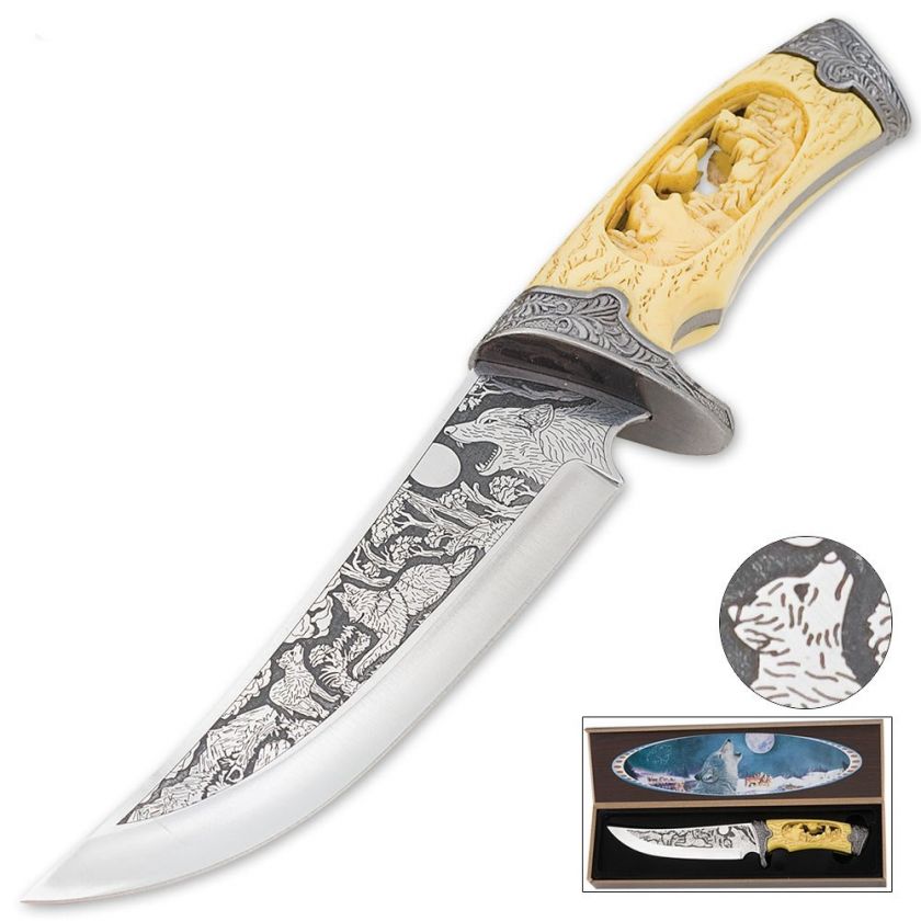 CUSTOM WILDLIFE WOLF BOWIE DAGGER KNIFE & CASE   NEW  