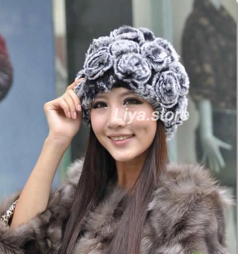   genuine knit rex rabbit fur rose warm hats caps   