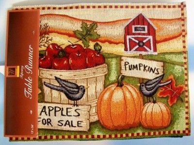 Fall Harvest Country Farm Scene Tapestry Table Runner Barn Apples 