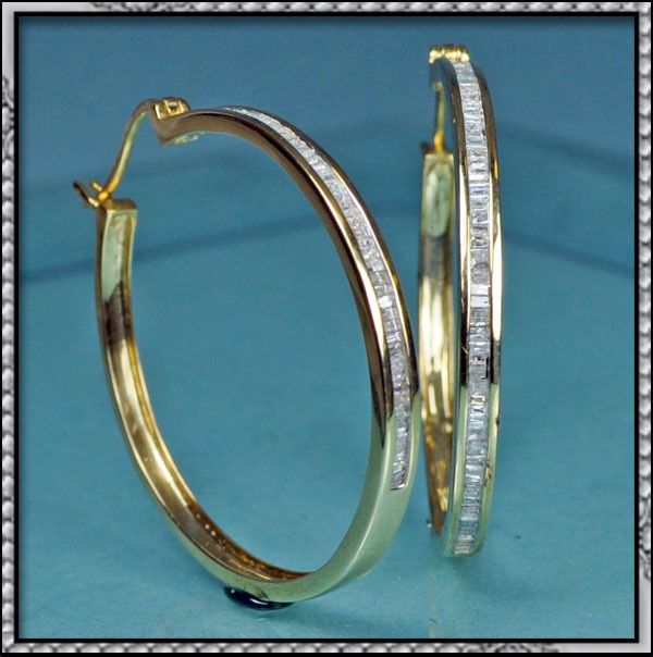 00 CT REAL DIAMOND 14K GOLD BAGUETTE HOOP EARRINGS  