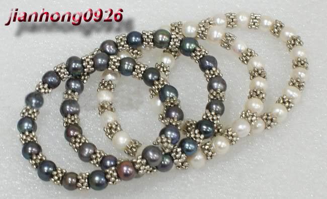 4PCS Black&White Freshwater Pearl Tibet silver Bracelet  