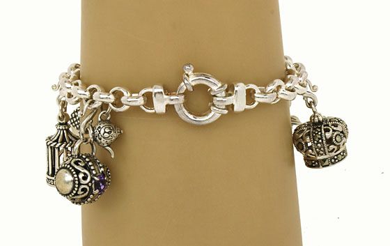 EXQUISITE SILVER MIXED GEMS CHARM BRACELET W/ 9 CHARMS  