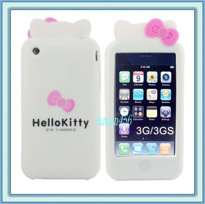 Hello Kitty Double Bow Silicone Soft W/Ear Case Cover For iPhone 3G 