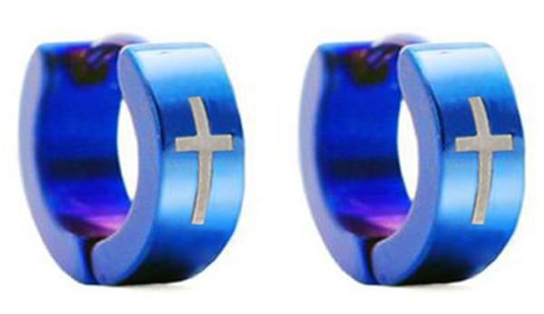 MENS Stainless Steel CROSS Hoop Earrings Blue 8mm NEW  