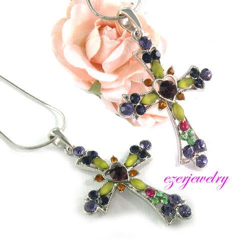 COLORFUL HEART CROSS RHINESTONE PENDANT NECKLACE N59  