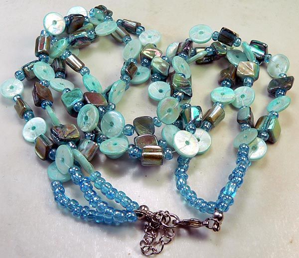   Aqua Turquoise MOP Mother of Pearl Abalone Chip Bead 3 Strand Necklace
