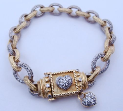 Ladies designer signed 18K Gold Diamond HEART Bracelet  