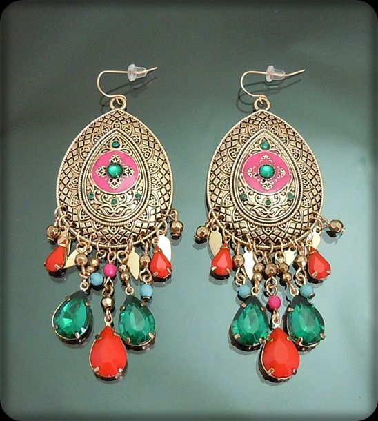 Vintage Gold GP Red Jewel Shield Chandelier Earrings  