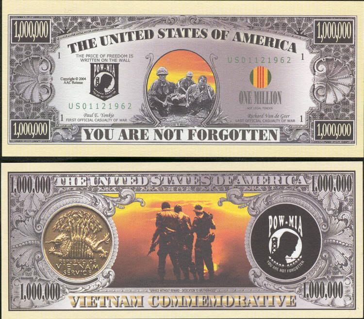 LOT OF 25 BILLS VIETNAM POW MIA MEMORIAL MILLION DOLLAR  