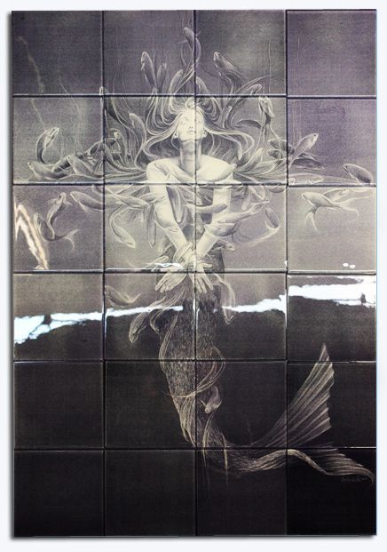 36 x 24 inch Wall Glass Art Tile Mural of Mermaid  