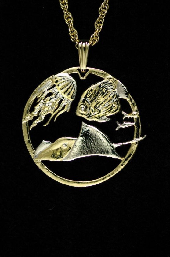Fish, Jelly & Sting Ray Cut Coin Pendant Necklace 1dia  