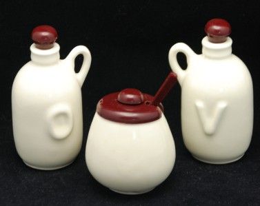 VINTAGE OIL + VINEGAR JARS AND MUSTARD POT PLASTIC TOPS  