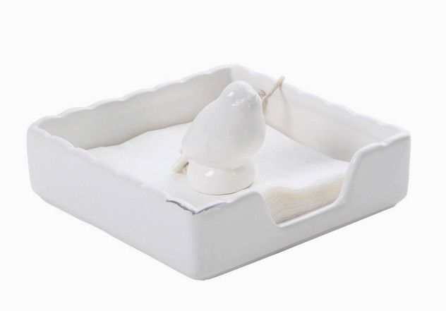 CREAM CERAMIC BIRD COCKTAIL/BEV NAPKIN SQUARE HOLDER  