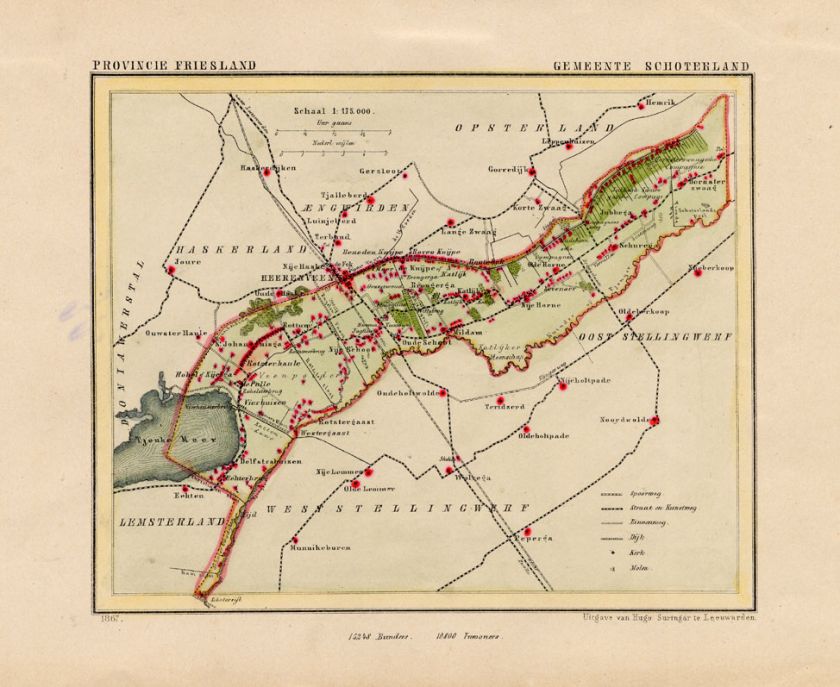 ANTIQUE MAP HOLLAND SCHOTERLAND FRIESLAND KUYPER 1865  