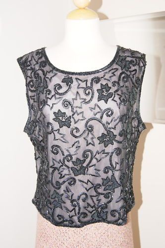 GORGEOUS BEADED BLACK GRAY EVENING TOP SHIRT L SCALA  