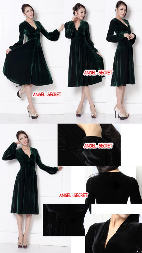 J321 women retro deep V collar flounce bottom velvet long sleeves 