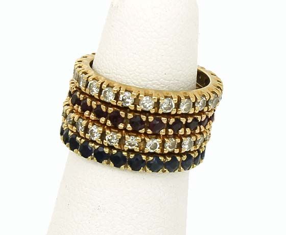 VINTAGE DIAMONDS, RUBIES SAPPHIRES 14K STACK BAND RINGS  