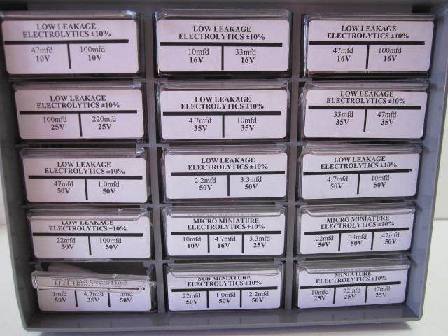 Pc. Assortment .1 mfd to 100 mfd Electrolytic Capacitor Kit in Cabinet 