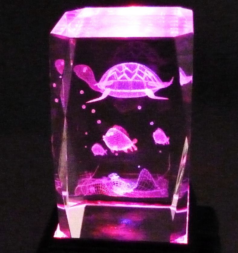 Laser Etched 3D Crystal & Light Base Turtle and Fish  