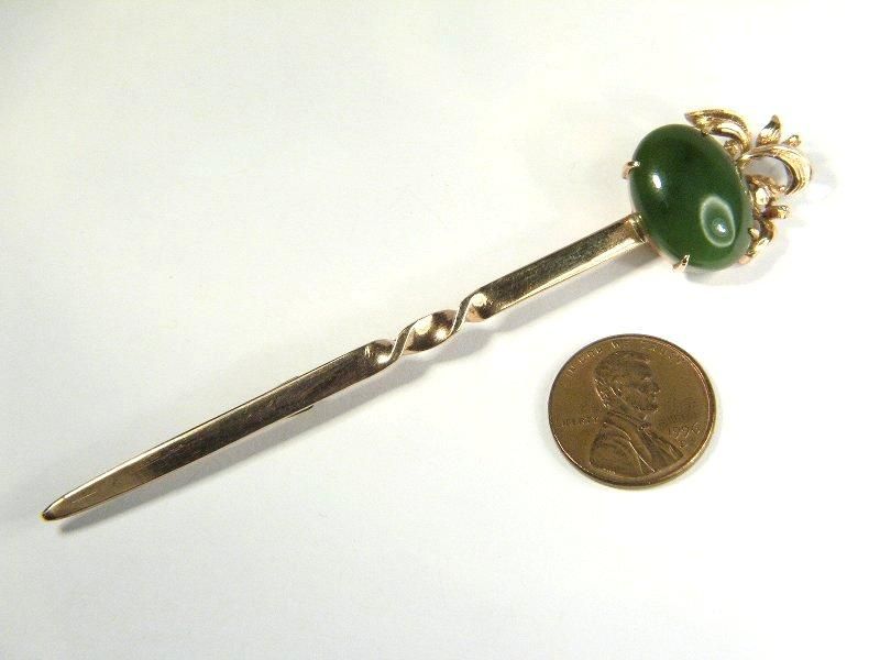 ANTIQUE 9KOLD NEPHRITE / NEW ZEALAND JADE PIN BROOCH c1920  