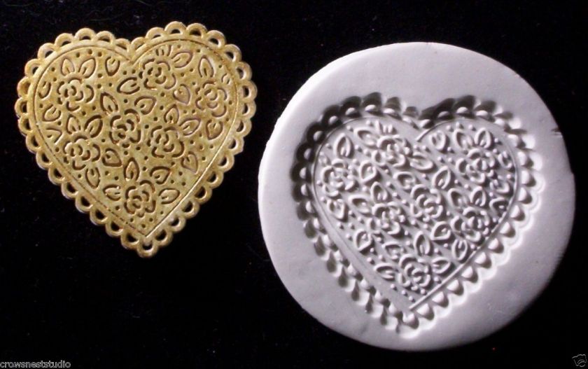 VALENTINE ROSES AND LACE HEART ~ CNS polymer clay mold  