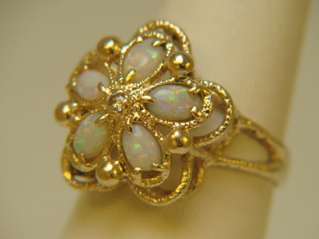 14K Yellow Gold Oval Opal & Diamond Estate Ring  