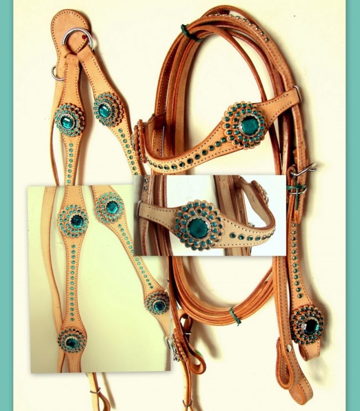 Western Headstall Breast plate Natural T Green Bling  