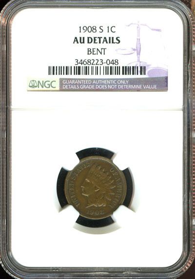 1908 S NGC AU DETAILS BENT INDIAN HEAD CENT 1C AC155  