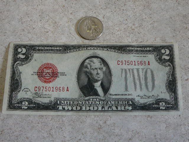 Old 1928 D Red Seal Silver Certificate 2 Dollar Bill Circulated Money 