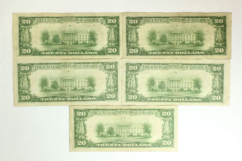 1934 Lot of 5   Twenty Dollar $20 Bill Federal Reserve Notes Green 