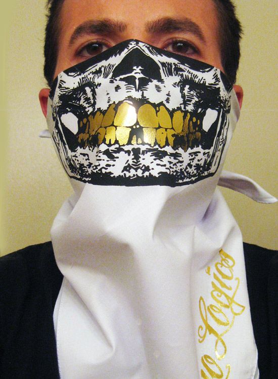 WHITE SKULL FACE BANDANA FACE URBAN MASK GOLD GRILL COD  