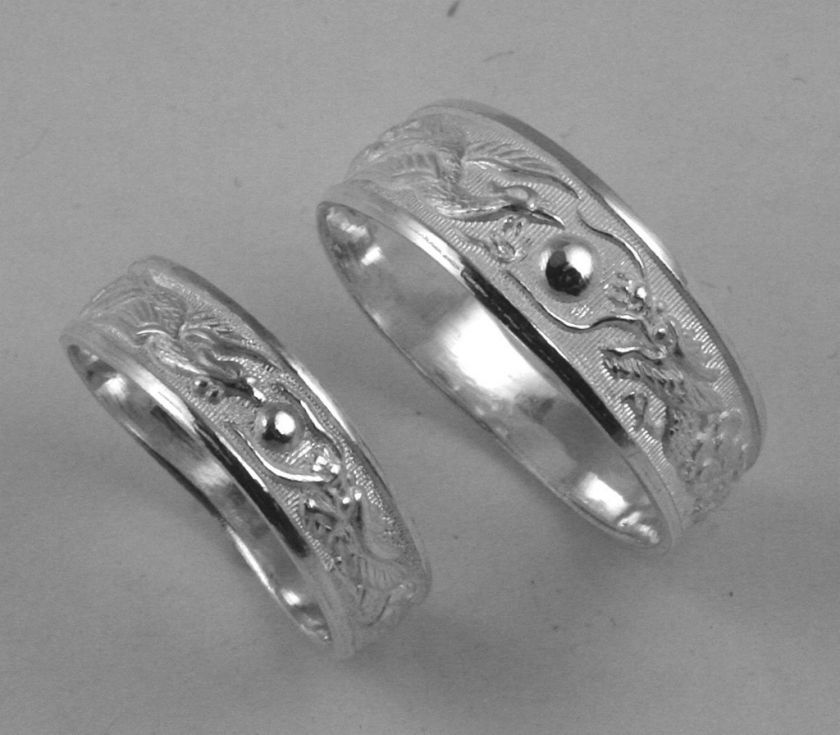 Sterling Silver Dragon Phoenix Rings Wedding Band Set  