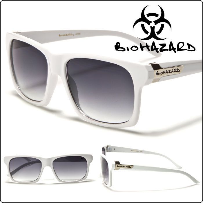Biohazard Wayfarer Style Men Women Unisex Sunglasses White Frame Gray 