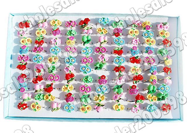 100PCS Resin Cute Flower Adjustable Childrens Rings  