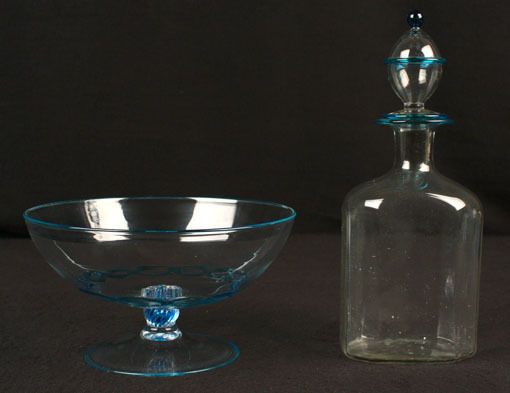   VENITIAN HAND BLOWN CLEAR GLASS APPLIED BLUE BOWL & BOTTLE HAND MADE