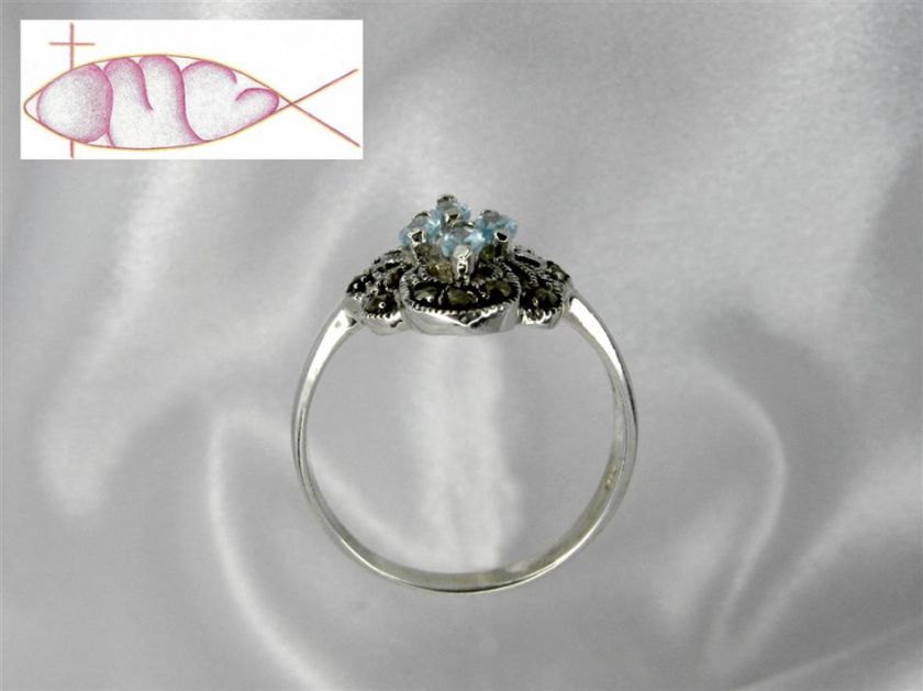 STERLING SILVER Aquamarine & Marcasite Sm Cluster Ring  