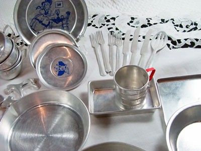 Vintage Mirro Aluminum Toy Bake Cook Serve Kitchen Dish Set Original 